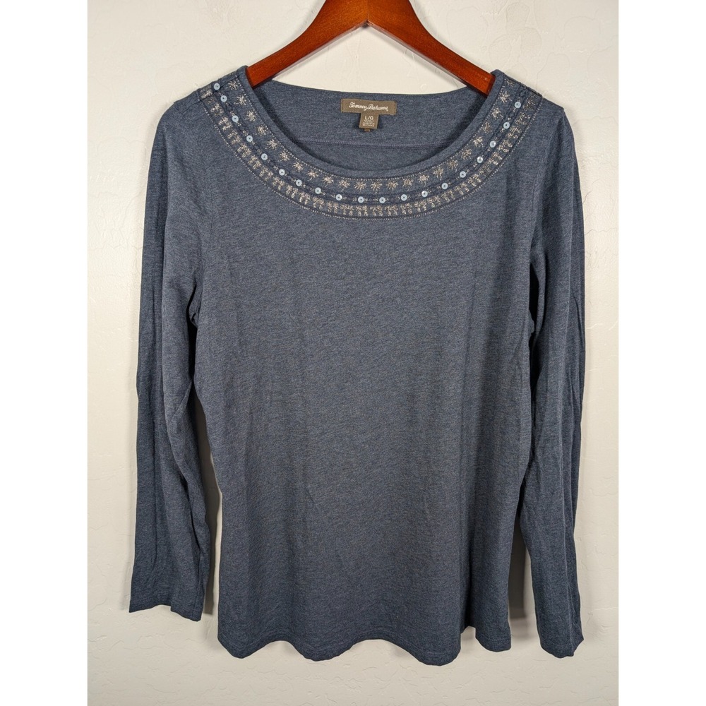 Tommy Bahama T-Shirt Womens Large Blue Embellished Neck Line Stretch Long Sleeve